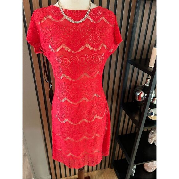 Bebe nudue red beige lace low back floral stretch bodycon top dress medium NWT - Picture 1 of 7